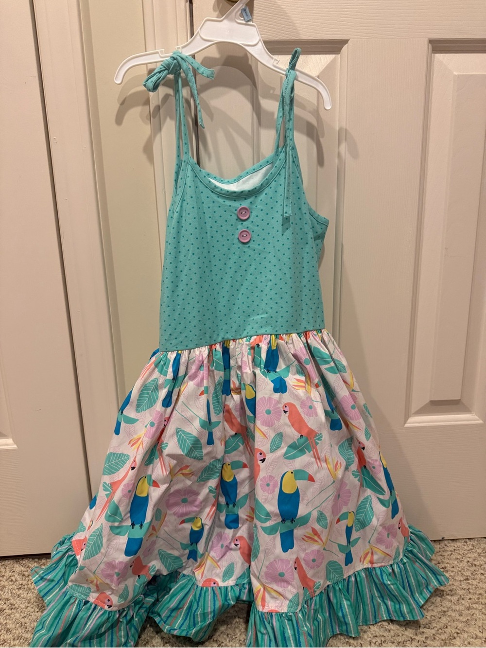 Eleanor Rose Turquoise and Multicolor Parrot Print Girls Dress